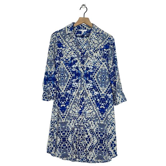 Cabi Jewel Shirt Dress Women's Size Small Blue and Tan Diamond Lightweight - Picture 1 of 7